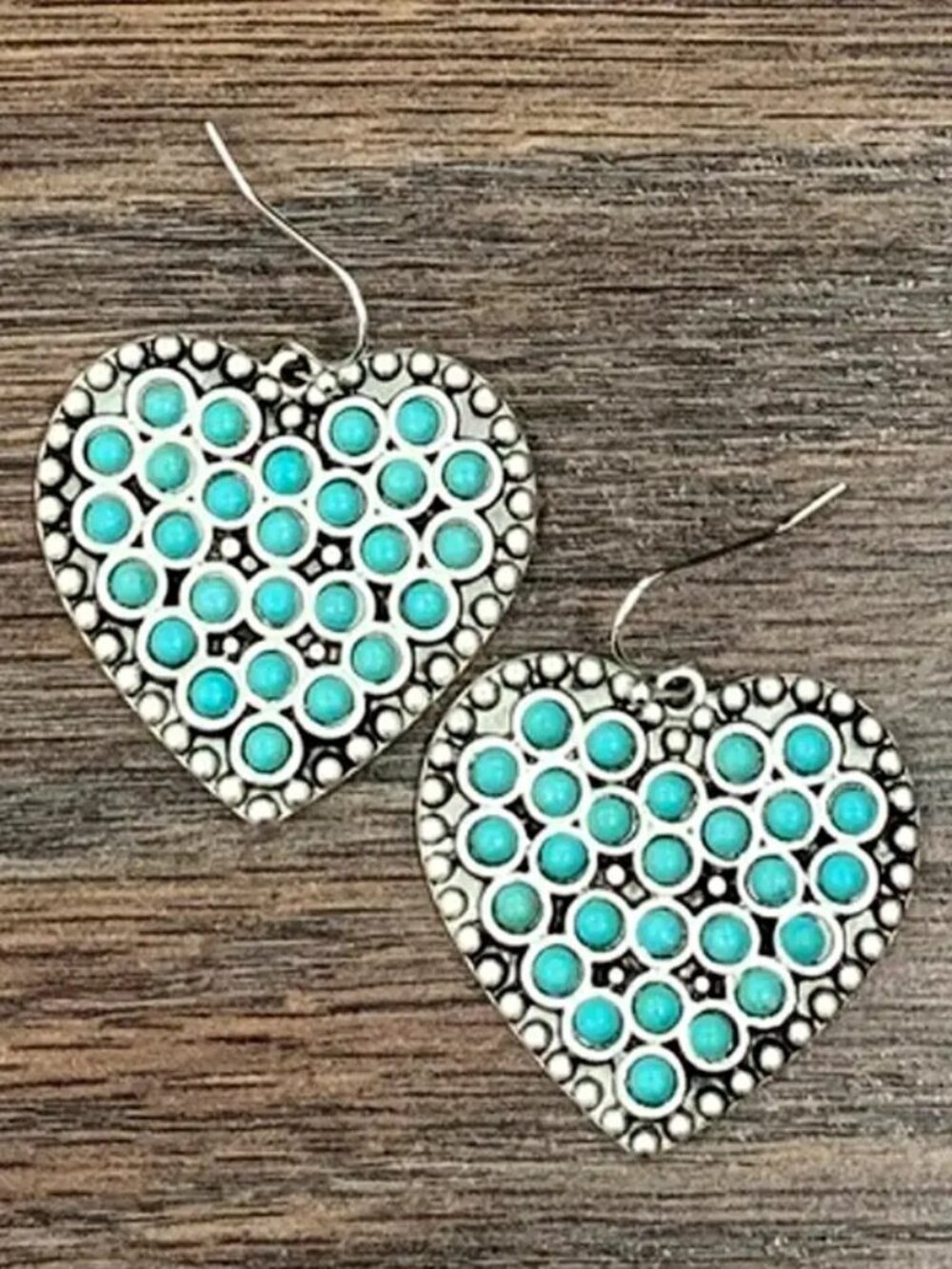 Western Turquoise Heart Earrings Silver Boho Rodeo Cowgirl Statement Dangles